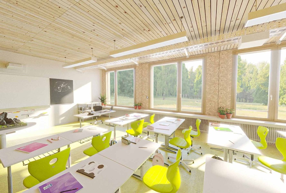 Salle de classe d’une école modulaire construite en bois